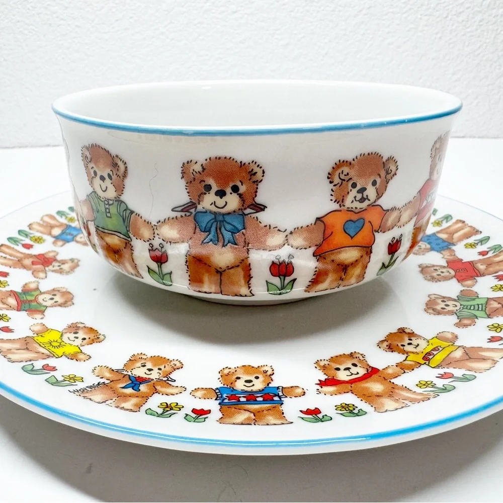 Vintage 70s 1979 Enesco Lucy Ring Teddy Bear Bowl and Plate